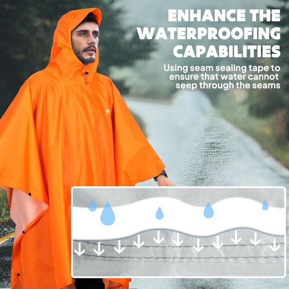 Hooded Rain Poncho for Adults Waterproof Lightweight Rain Coat for Men Women Reu - Picture 5 of 8